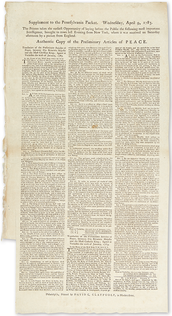 (AMERICAN REVOLUTION--1783.) Supplement to the Pennsylvania Packet . . . Authentic Copy of the Preliminary Articles of Peace.